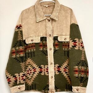 Mazik Army style Womens Corduroy Jacket Button down Aztec Print Sz L